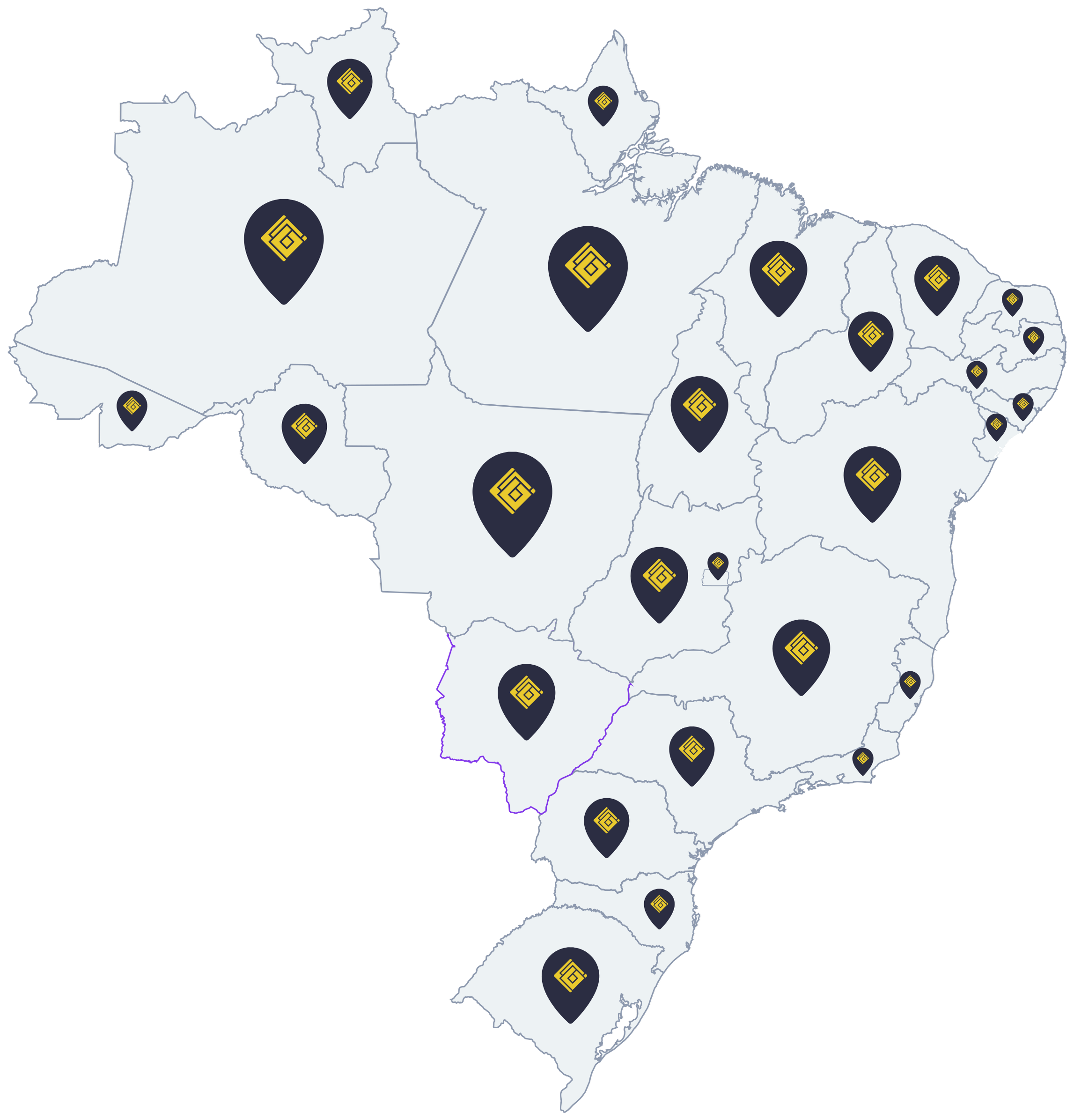 Mapa ilustrativo do Brasil com a presença da Brave em diferentes regiões.