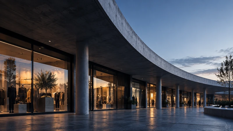 Imagem ilustrativa de uma galeria comercial com vitrines e arquitetura em perspectiva.