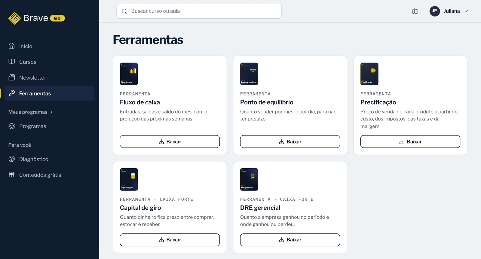 Tela Ferramentas da área de alunos com as 5 ferramentas do Treinamento Caixa Forte: Fluxo de caixa, Ponto de equilíbrio, Precificação, Capital de giro e DRE gerencial