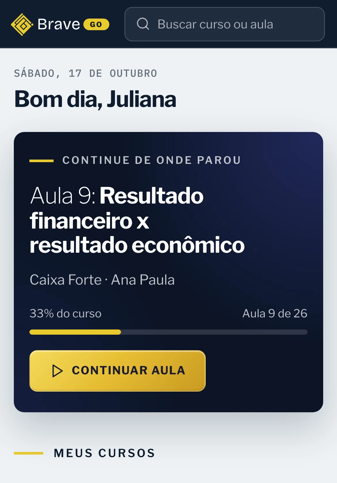 Área de alunos no celular: a aula para continuar e o progresso do Caixa Forte